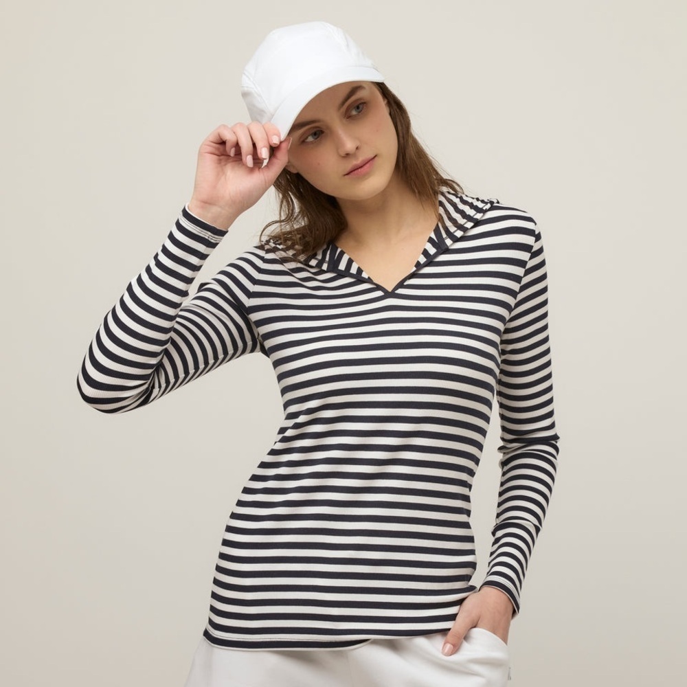 TILLEY 
Navy/White Stripe Rib Lightweight Hoodie Size Small